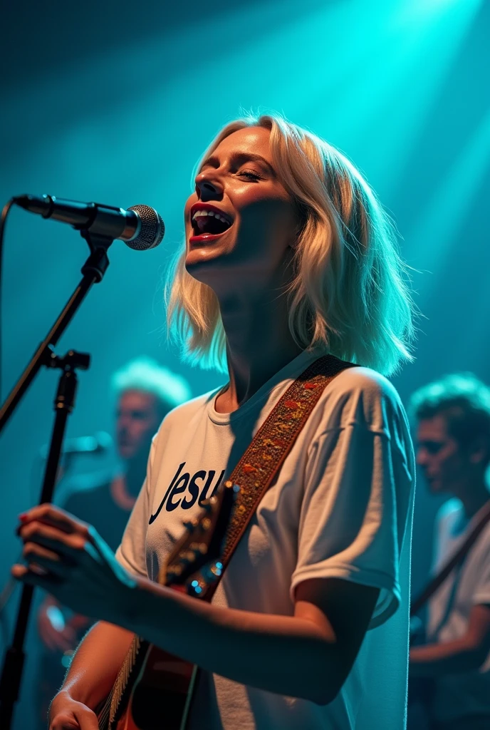 (Maximum quality, work of art: 1.3), singer: 1, lights: 1.5, bob hair, hair blonde: 1.3, (holding microphone: 1.2), Shirt with Jesus written on it, comely, cerulean, Face ultra detailed, band playing behind detailed, praising God, feeling the presence of God. Singer with guitar in hands shouting into microphone, excited, Eco grace written shirt