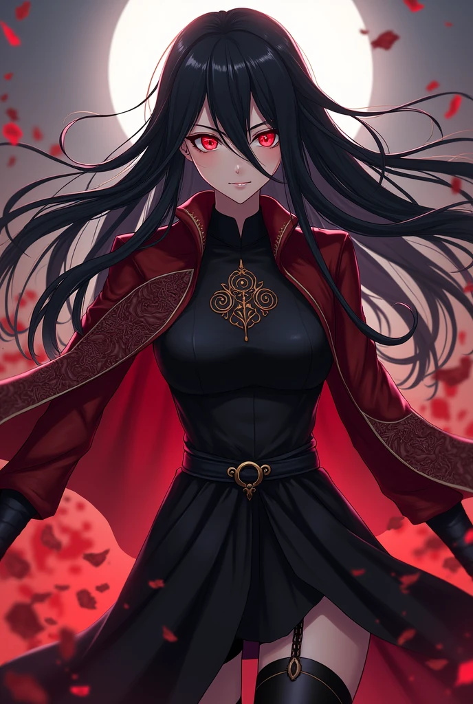 Create a female jujutsu kaisen oc, with long black hair and red eyes 