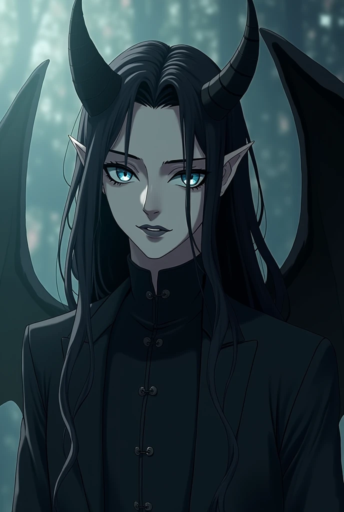Erik is a male bat-like demon. He is 195 cm tall, has pale white skin; his eyes are a very light pale blue with soft grey sclera, with a subtly smudged eyeliner on the lower waterline. He has pointy ears and long black hair that reaches under his shoulder. His lips are a mid tone of grey and he has pointy fangs. Erik has a pair of black bat wings that are often folded.

Anime style
Kurojitsuji style

