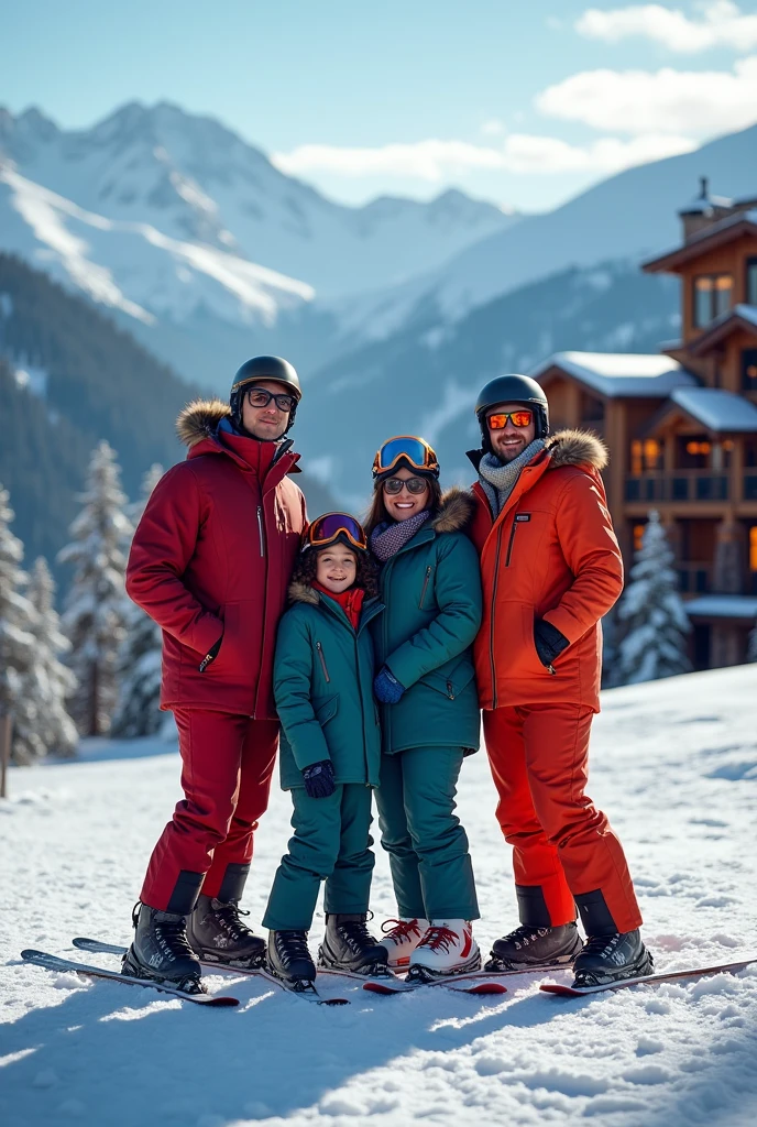 Family in a luxury ski resort in Aspen: A wealthy family, dressed in designer ski gear, poses on a snowy slope in Aspen. The parents hold their children close as dollar bills are visible in their jackets. A luxurious ski lodge is in the background.