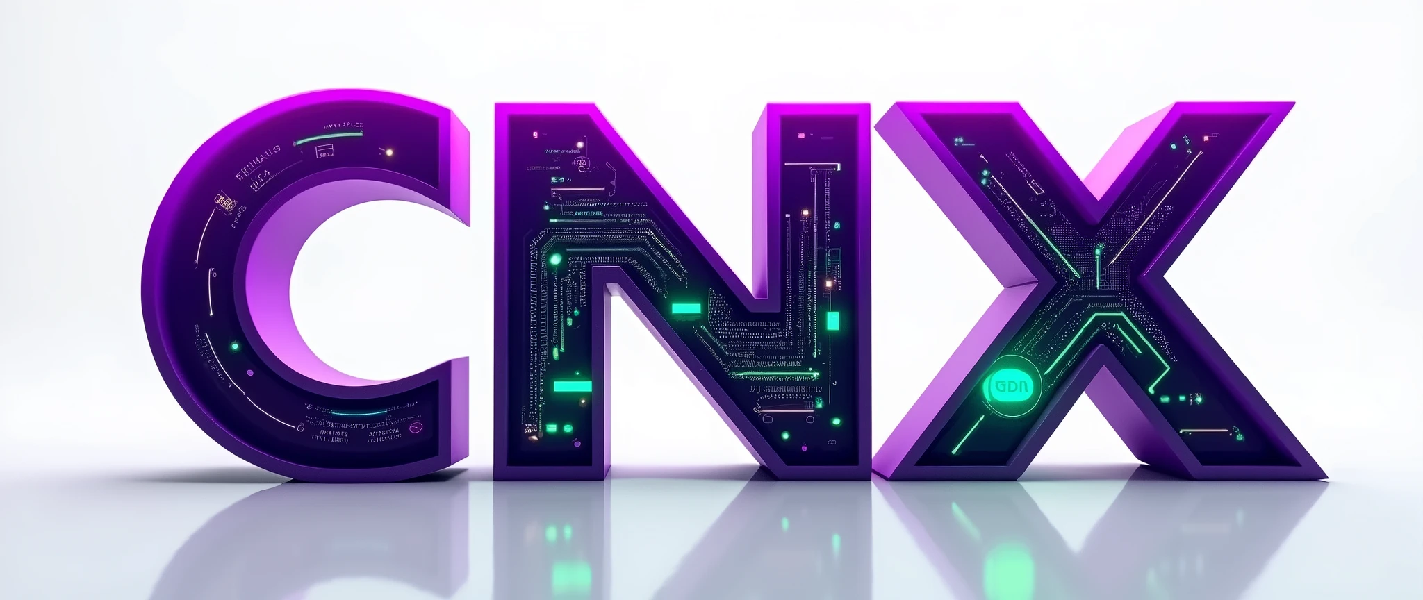 CNX letters in purple with technology inside in weak fluorescent green and transparent background, thicker shape in logo shape