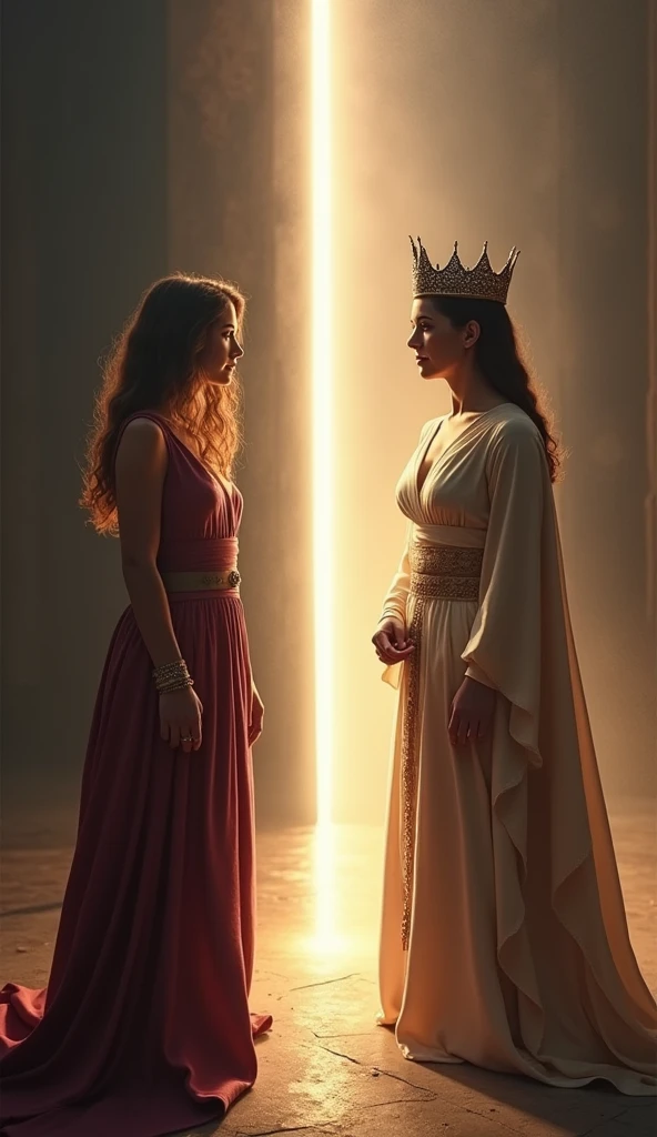 An image showing a woman in two distinct stages: On the left side, a simple and discreet young woman, representing Hadassah, in a darker or neutral environment. on the right side, the same woman, now transformed, with a crown and dressed like a queen, representing Esther, in a bright and majestic setting. in the middle of the image, a beam of light or a soft glow can symbolize transition and God&#39;s timing.

