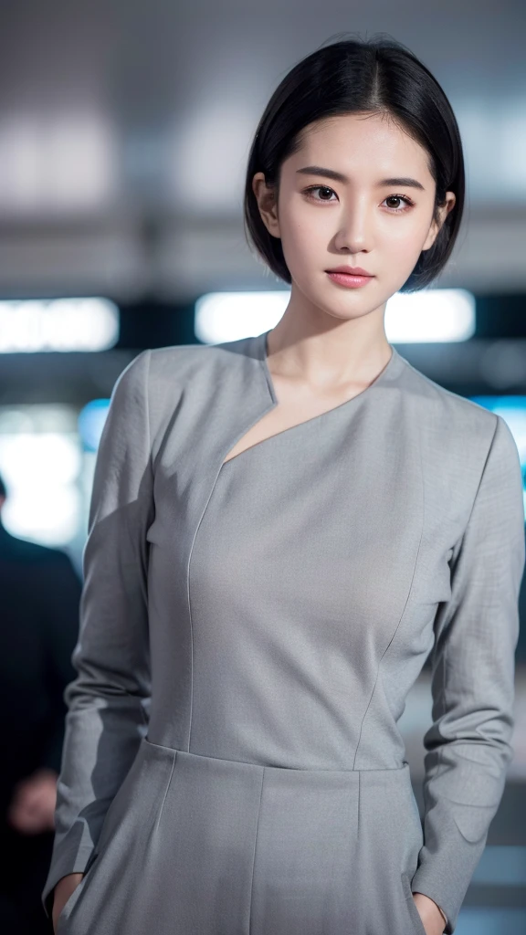 Grey hip suit:1.2,Look at the audience,Tyndall light effect,High resolution skin:1.3,Realistic skin texture,2 sister,Perfect face,Put on light makeup,Perfect body,Amused expressions,short hair,Black hair,bust,Airport background。