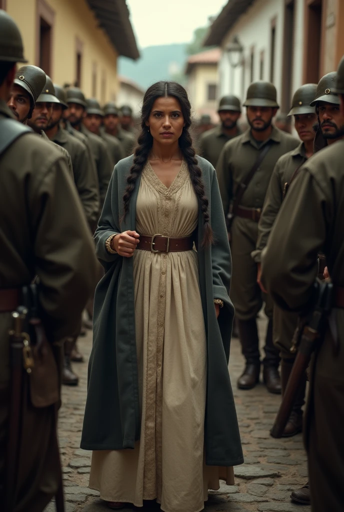 "Policarpa Salavarrieta, a determined woman in colonial clothing, being captured by Spanish soldiers in a dramatic confrontation, dressed in a simple dress with a cloak, in a tense atmosphere with soldiers and a cobbled street visible in the background, captured in a close-up to emphasize the emotional intensity, hyper-realistic, photo realism, cinematography --ar 9:16"