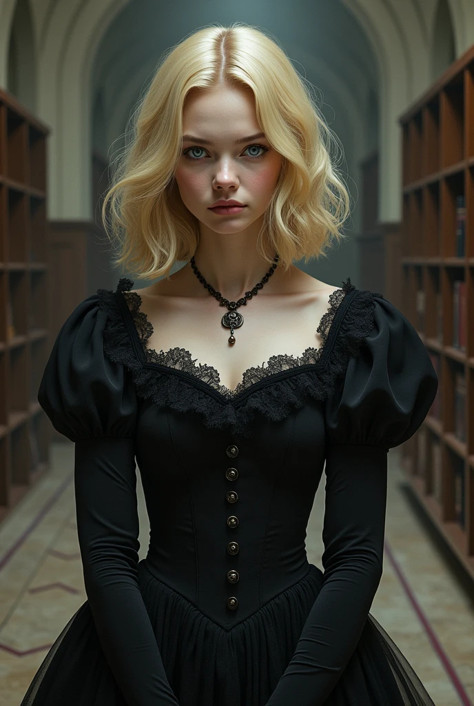 Woman with blonde hair and blue eyes, in black victorian dress wavy hair drawing style teenager with a school background cold and serious look