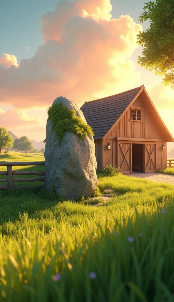 Draw a large stone at the entrance to a farm barn. The farm should be picturesque and detailed, with green fields and a sunrise sky with soft orange and pink tones, in a 3D animated style.