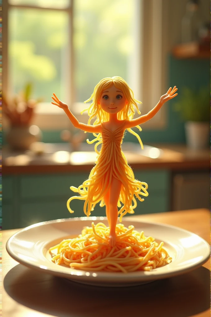 A whimsical miniature figure composed of delicately arranged noodles poised in a carefree dance on the rim of plate white shiny plate set on a table vibrant kitchen back drop, where dappled sunlight filters through the canopy above, casting intricate shadow. The overall aesthetic is ethereal with warm earthy tones of sienna umber infused with hints of emerald and golden light, evoking a sense of wonder and enchantment as if plucked from a fantastical realm.