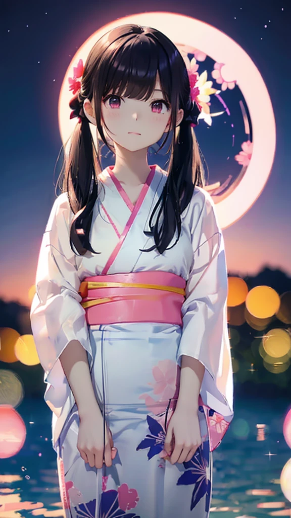 Black Hair、refreshing、High-quality background that looks like an anime cel、Half Twin Tail、clear、Cute summer yukata、Pale white and pink、Summer night sky、whole body、high quality４Ｋ