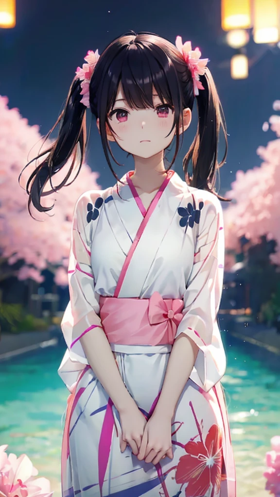 Black Hair、refreshing、High-quality background that looks like an anime cel、Half Twin Tail、clear、Cute summer yukata、Pale white and pink、Summer night sky、whole body、high quality４Ｋ