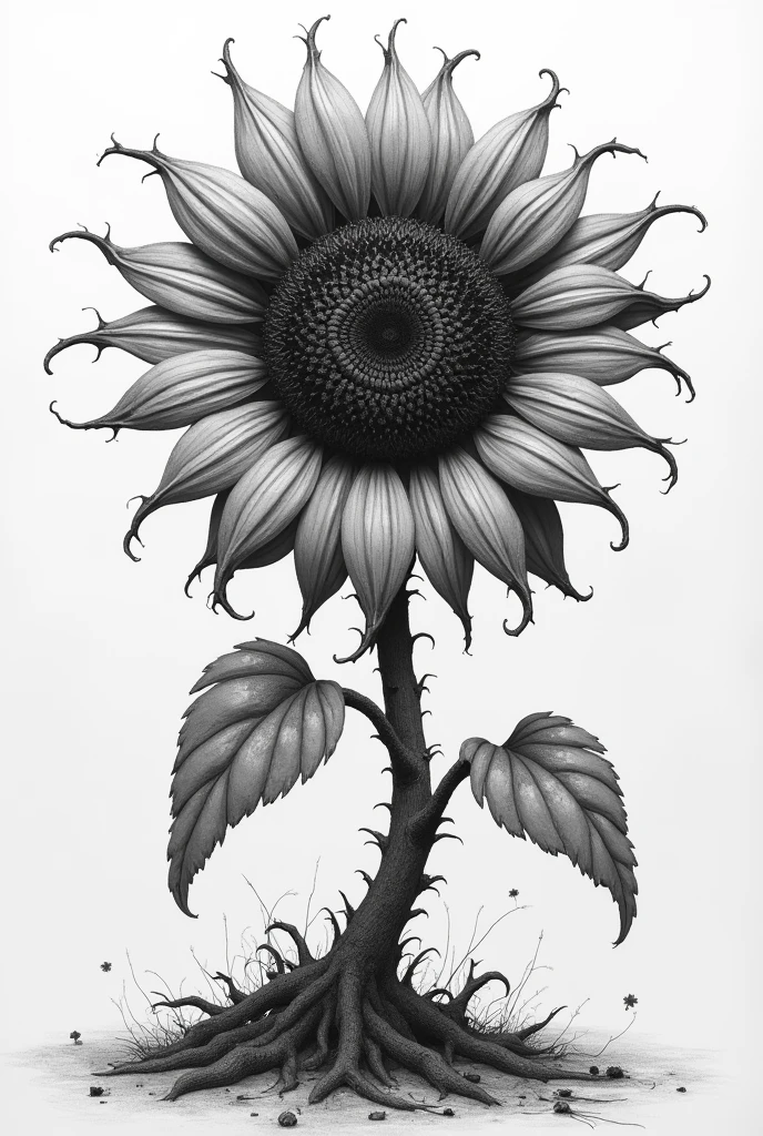 Generate me an image of a withered and deteriorated sunflower, decayed broken leaves almost nothing in black and white as if to trace so that the sunflower is seen from above with larger petals so that the petals can be seen closer, thorns bent and broken like a battered crown, leaves extending like arms out from the stem, gestures from the sawdust root, broken pieces and almost falling