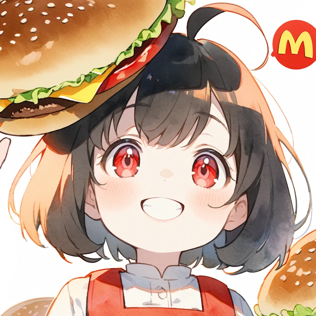 female child, 1 woman, glad, delightful, blissful, cheerful, happy, smiling, laughing, cheerful grin, looking at viewer, looking to the left, looking up, bob cut, ahoge, black hair, red eyes, slant eyes, big eyes, sanpaku, red lips, pale skin, White shirt, red skirt with suspenders, Give McDonald's hamburger set, solid white background, anime, hard-edged, upper body, macro shot, front view, headshot, rule of thirds, dreamy watercolor, best hand