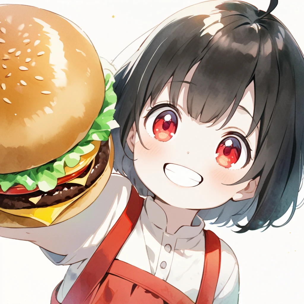 female child, 1 woman, glad, delightful, blissful, cheerful, happy, smiling, laughing, cheerful grin, looking at viewer, looking to the left, looking up, bob cut, ahoge, black hair, red eyes, slant eyes, big eyes, sanpaku, red lips, pale skin, White shirt, red skirt with suspenders, Give McDonald's hamburger set, solid white background, anime, hard-edged, upper body, macro shot, front view, headshot, rule of thirds, dreamy watercolor, best hand