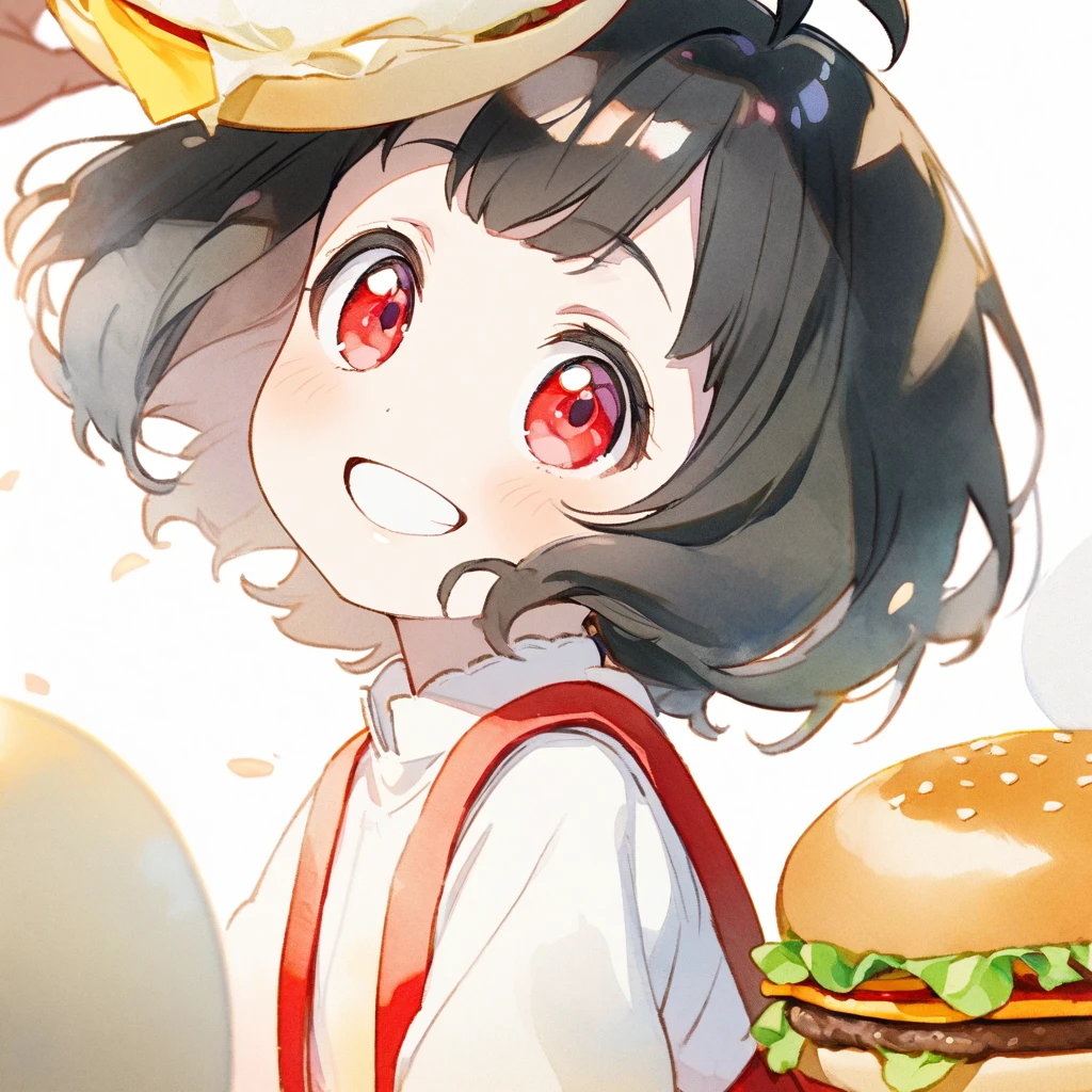 female child, 1 woman, glad, delightful, blissful, cheerful, happy, smiling, laughing, cheerful grin, looking at viewer, looking to the left, looking up, bob cut, ahoge, black hair, red eyes, slant eyes, big eyes, sanpaku, red lips, pale skin, White shirt, red skirt with suspenders, Give McDonald's hamburger set, solid white background, anime, hard-edged, upper body, macro shot, front view, headshot, rule of thirds, dreamy watercolor, best hand