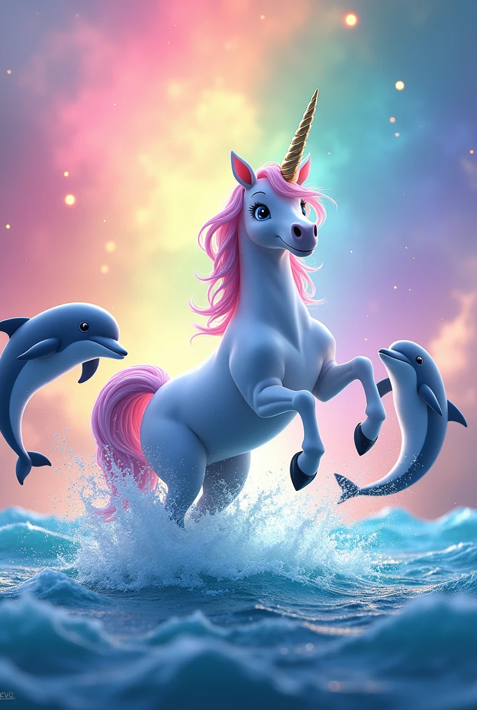 Unicorn and dolphins with rainbow background meme