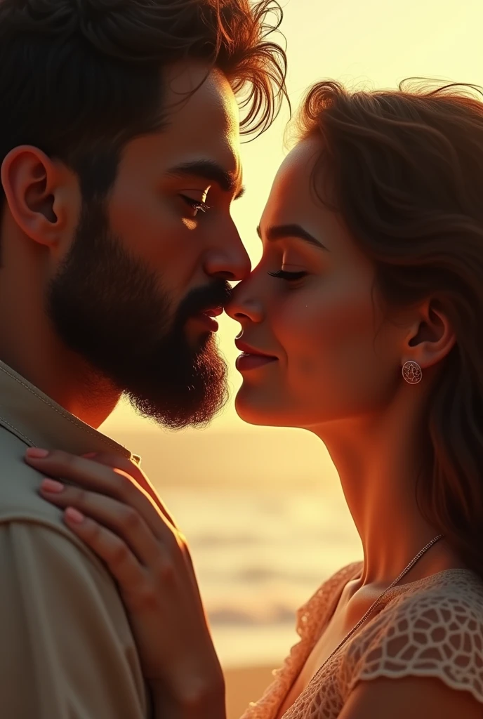 Male mouth and chin with beard on the side kissing female cheek on the side