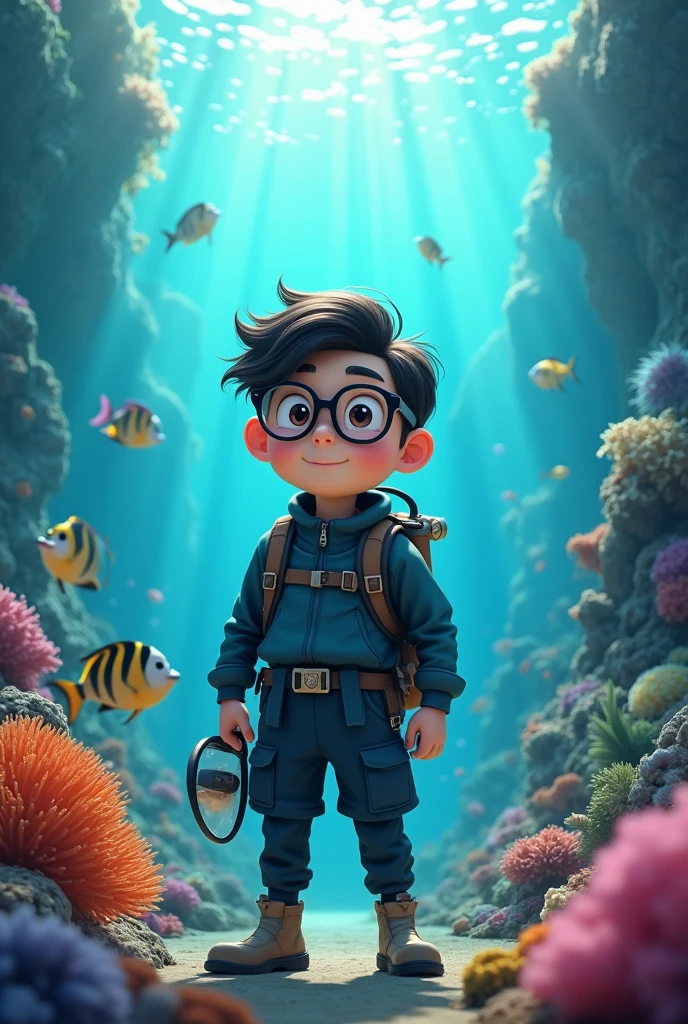 A chubby male marine biologist teenager with glasses