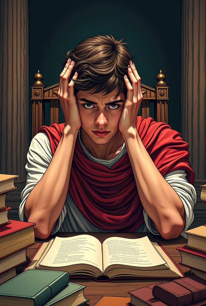 Roman Julius Caesar, in ancient Rome, young emperor, featuring , preoccupied, featuring as maos na cabeça, seated in a chair, in front of a table full of books, image drawing comic book