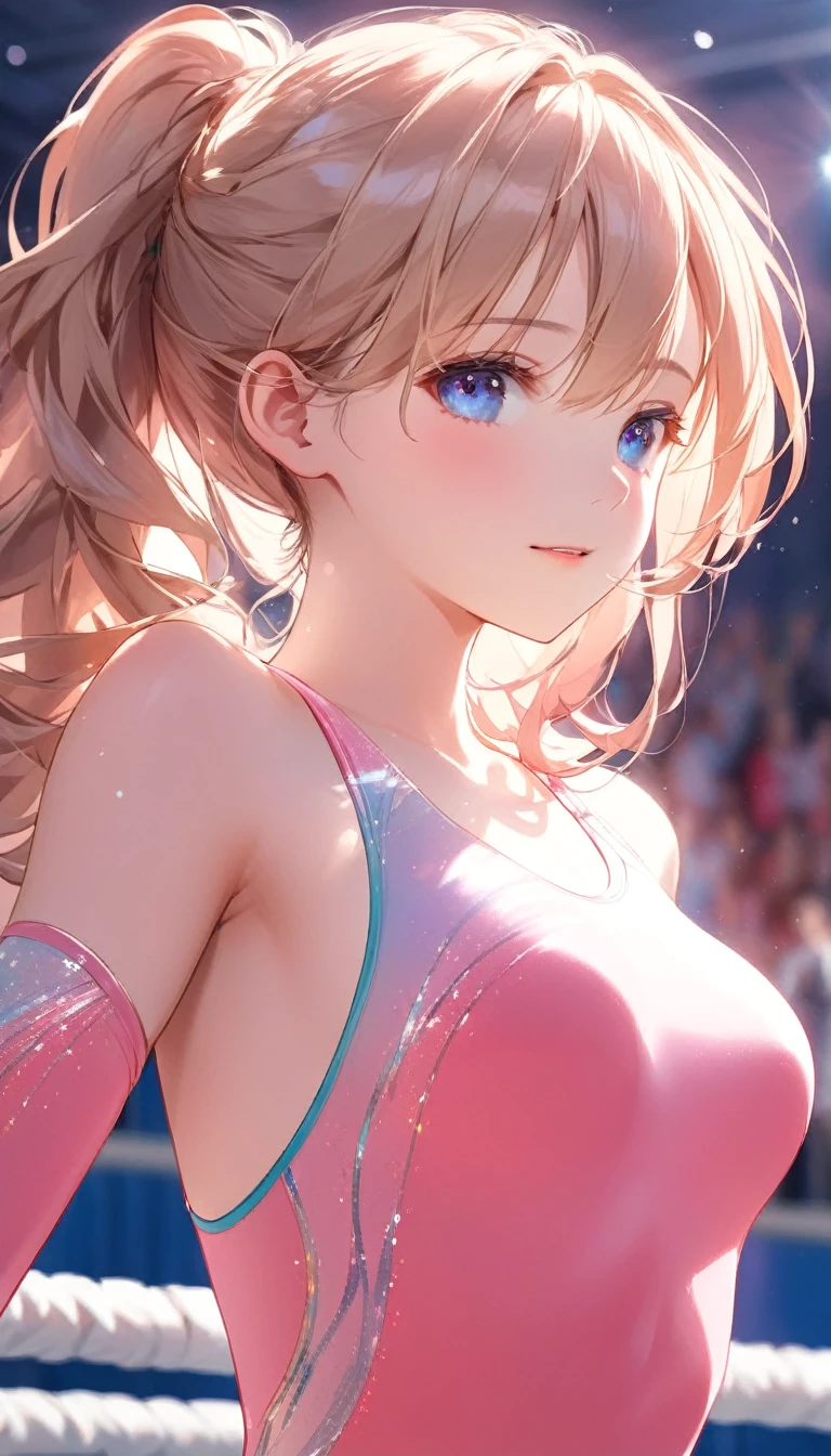 highquality illustration, masterpiece, very delicate and beautiful, attractive girl,((gymnastics leotard,tight-fit
 leotard,long sleeve leotard,long_sleeve leotard,high_leg leotard,athletic leotard,floral patterns leotard,iridescent gradient leotard)), audience reactions,thin,slender body,slim,high school,gymnasium,gymnastics club,beautiful eyes,(masterpiece, best quality:1.2), highres, extremely detailed CG unity 8k wallpaper, perfect lighting, Colourful, ultra-high res,4K,ultra-detailed, photography, 8K, HDR,  17 ages,cowboy shot,