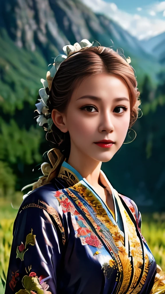 painting of a woman in a traditional dress standing in a field, a detailed painting by Sheng Maoye, trending on cgsociety, cloisonnism, traditional beauty, beautiful character painting, traditional art woman, traditional art, ruan jia beautiful!, traditional painting, painting of beautiful