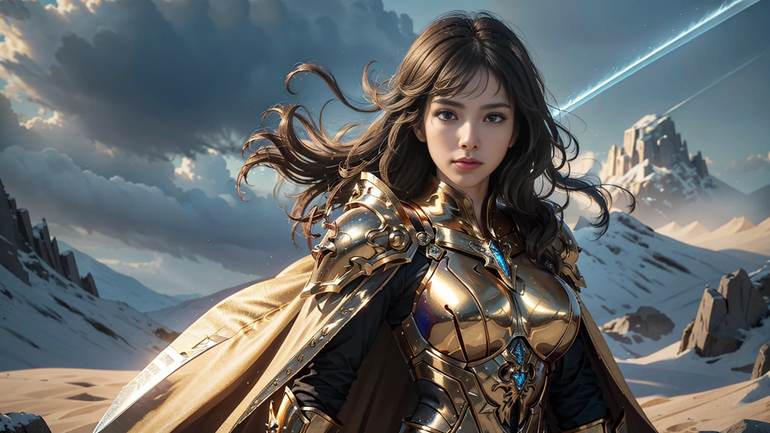 ((Large Breasts)), 8K, Ultra HD, Highest quality, (Very detailed), Dynamic Angle, Mysterious expression, wind-effect, fantasy background, Edge lighting, Movie Lighting, Ultra-high resolution, 8K UHD, Film Grain, Better shadows, Moderate, Raw, Light Particles, Delicate skin texture, Detailed armor textures, Delicate face, Intricate details, Very detailed, bright, Strong, Gold Armor, (Glowing sword), reduce, Crushing, Scapula, Long cape, fantasy, (Practical), Scapula, complex, With complex, Perfect lighting, Viewers, Movie Lighting, flight Keywords: flight, Holy Light, Energetic, Bangs, wind, Paladin