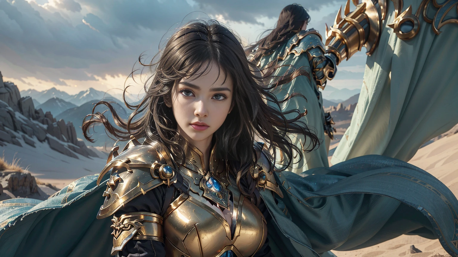 ((Large Breasts)), 8K, Ultra HD, Highest quality, (Very detailed), Dynamic Angle, Mysterious expression, wind-effect, fantasy background, Edge lighting, Movie Lighting, Ultra-high resolution, 8K UHD, Film Grain, Better shadows, Moderate, Raw, Light Particles, Delicate skin texture, Detailed armor textures, Delicate face, Intricate details, Very detailed, bright, Strong, Gold Armor, (Glowing sword), reduce, Crushing, Scapula, Long cape, fantasy, (Practical), Scapula, complex, With complex, Perfect lighting, Viewers, Movie Lighting, flight Keywords: flight, Holy Light, Energetic, Bangs, wind, Paladin