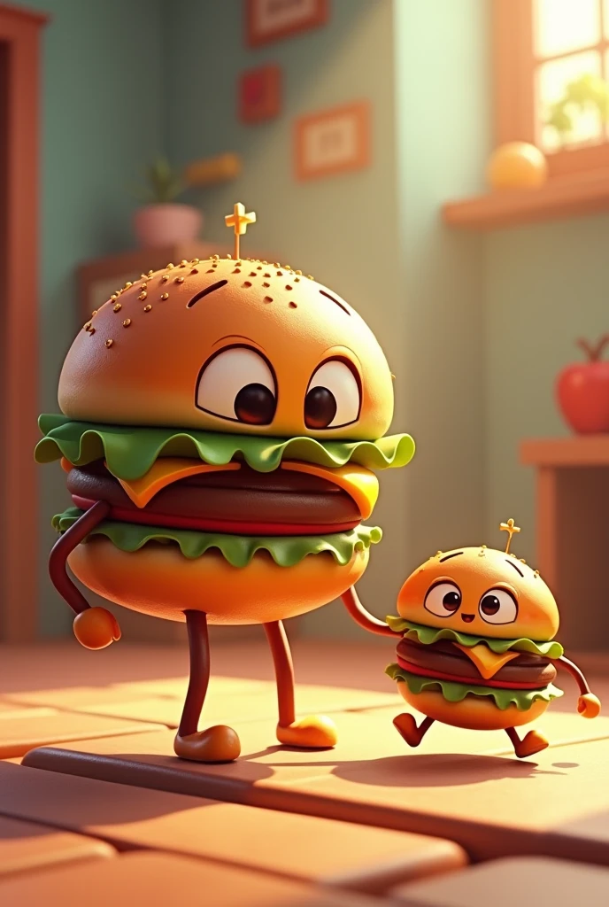 Create an animated version of a hamburger holding a smaller hamburger by the hand