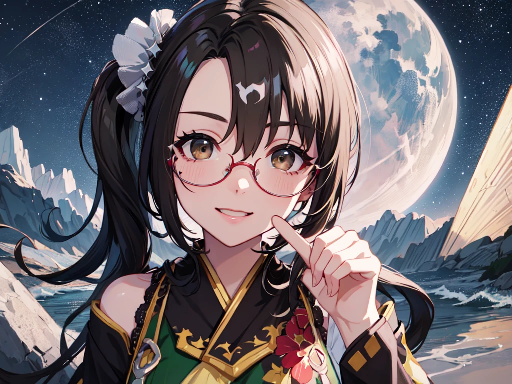 Masterpiece, high quality, 4K, HDR、closeup-face、face close-up。solo、One cool horse-eared beauty、smile、looking at the camera。Brown Eyes、Pink Lipstick、Big Breasts。Red glasses、Shoulder less、Casual Japanese clothing。Hands on hips。Night starry sky、Ruins at night。