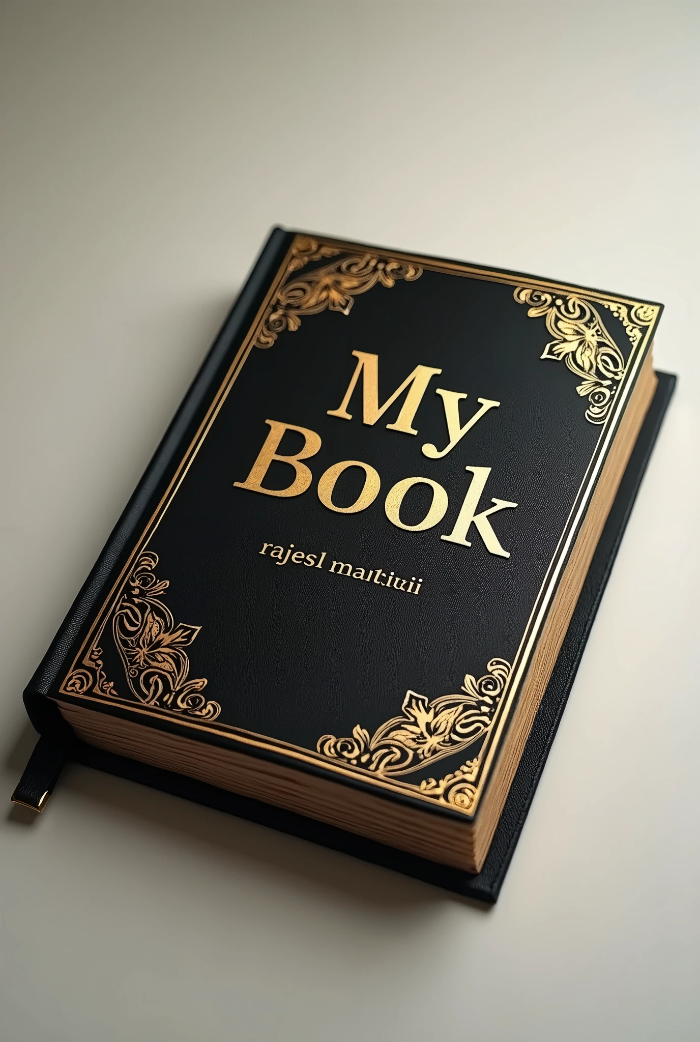 A very expensive book which looks very good. And the title of that book should be "My Book" And I have to write "Rajesh Maltii" in small font below my book.And read the words carefully and write exactly what is written.