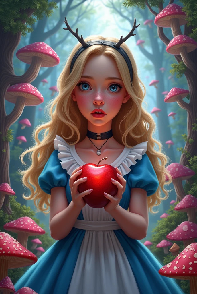 Alice and wonderland holding poison apple colors everywhere in wonderland (cute) (hot) (not young teenager-young adult)