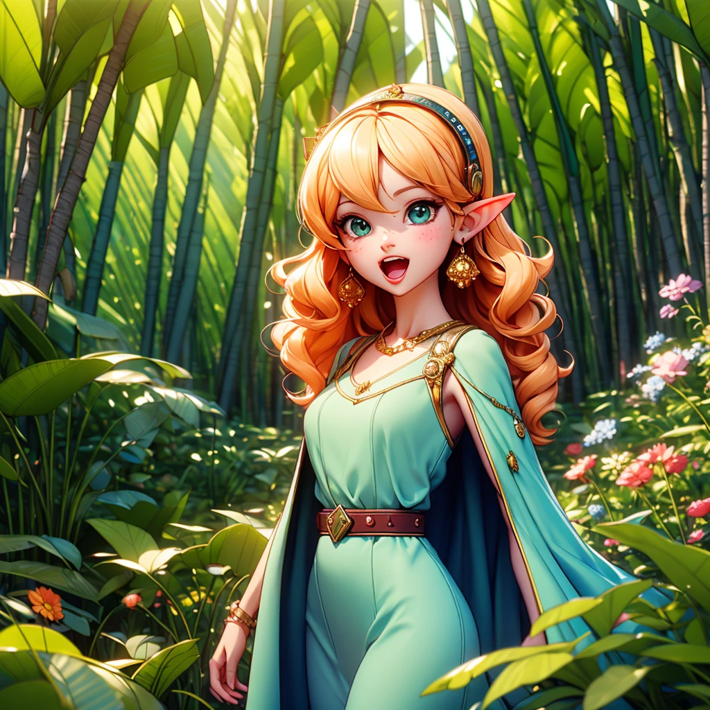 (extremely detailed fine touch:1.2), (natural light, sun light, light rays, dappled light, ray tracing:1.2), mature female , masterpiece, best quality, highly quality , ANI_CLASSIC_deedlit_ownwaifu, www.ownwaifu.com, pointy ears, blonde hair, long hair, elf, circlet, green eyes, long pointy ears, very long hair, breasts, medium breasts, earrings, lips, makeup, bangs, cape, armor, blue cape, shoulder armor, pauldrons, gloves, breastplate, belt, green dress, short dress, looking at viewer, blush, open mouth, standing, (Masterpiece, extremely detailed CG, sharp line),deedlit, offcial art, Colorful, Beautiful Japanese anime style,Extremely detailed eyes and face,Sharp pupils,realistic pupil,In the woods、cabellos largos dorados,ears of elf,Black lace panties,Slender thighs, varies multi etc. --v 6 --s 1000 --c 20 --q 20 --chaos 100
