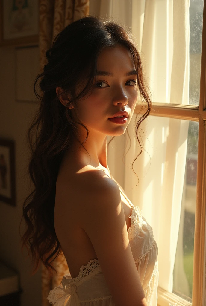 Draw a picture very beautiful and simple female when I'm looking her I'm fell in love with her. Stanind at window staring at me