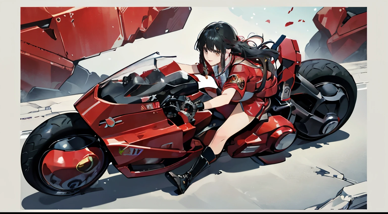 (Best Quality,4K,High resolution), high-level image quality、High quality pixels、Resolution up、Woman in long work clothes with long hair、Motorcycle red highlights keeping black hair in red metallic color、Realistic depiction with delicate details、Facial expression close-up