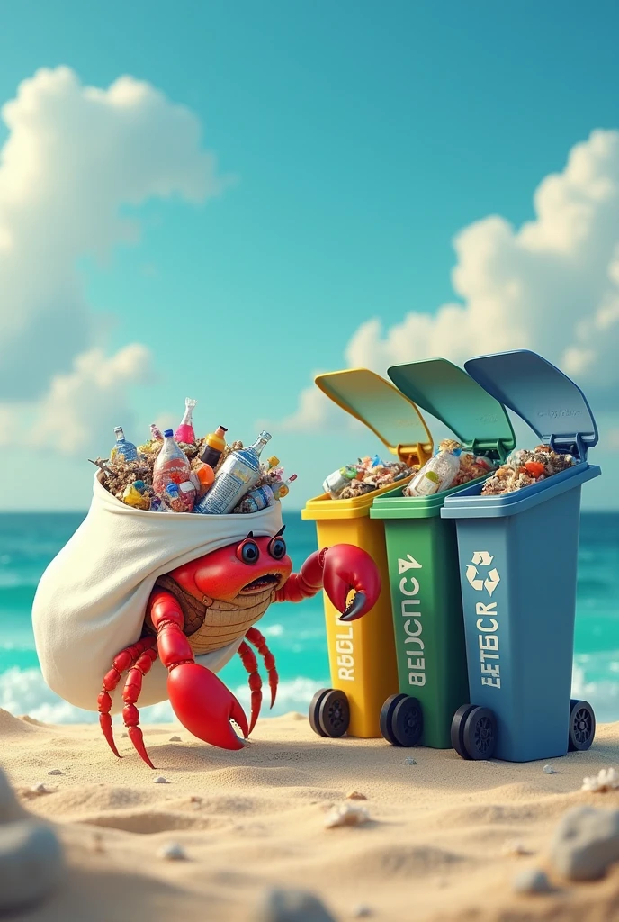 A crab carries a bag of trash and puts it in a trash can on the beach., Garbage is sorted into three bins. (recycle, Organic, other trash)