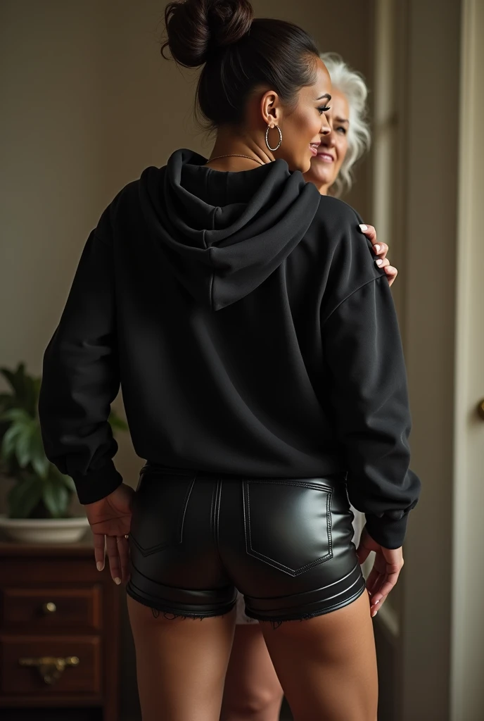 black woman hair in a bun black hoodie black leather short shorts being fucked in the ass by a old grandma in a dress