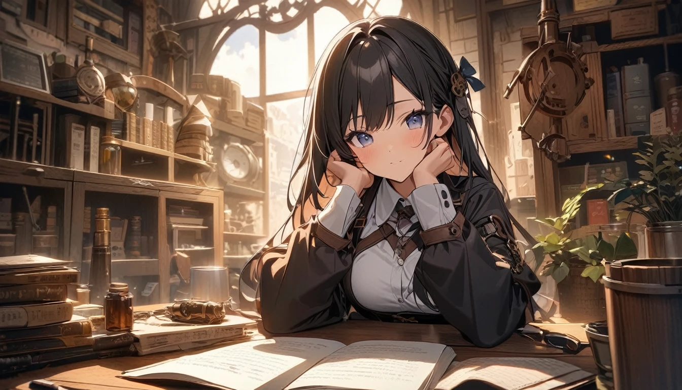 アニメ style,score up_9,score up_8,score up_7,source_アニメ,masterpiece,best quality,super fine illustration,super detailed,8k,1 girl,18yo,独奏,cute,Alchemist,Steampunk,fantasy,BREAK she is studying.BREAK she is teached by viewer.BREAK in Research Room, detailed background,beautiful background,