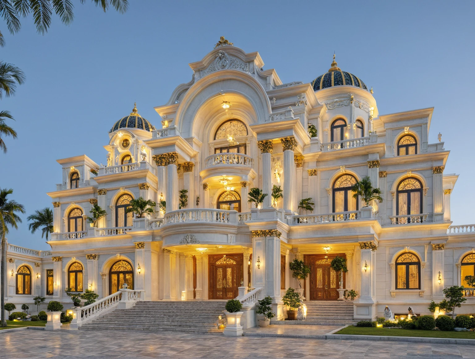 Neoclassical villa on the street, color tone {white|brown}, marble walls, luxurious yellow details, granite tiles, (luxurious interior), clear blue sunset sky, Lush green trees, golden frame doors, facade lights, cars, palm trees, (RAW photos, masterpiece, best quality, super detailed, extremely delicate and beautiful, high resolution, most beautiful shadows : 1.1), (Low light, Fresh air, happy mood, Daylight: 1.2)
