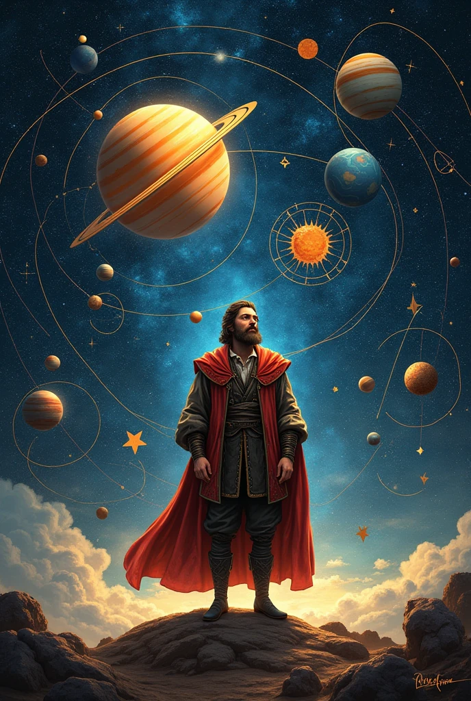 an image that represents Johannes Kepler's contribution in detail but easy to draw