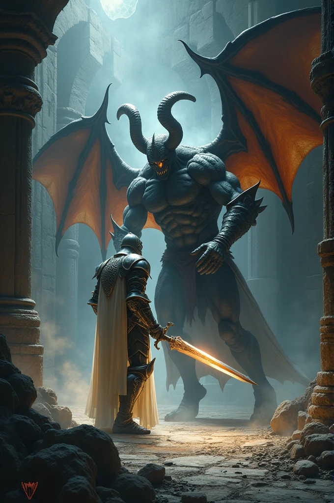 White knight vs demon with bat wings ram horns muscular bodybuilder dark dungeon shining sword