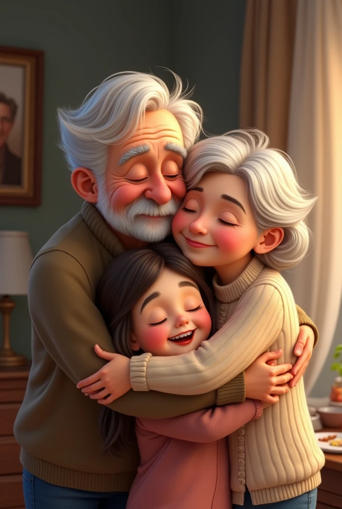 Grandfather and grandmother hugging their granddaughter