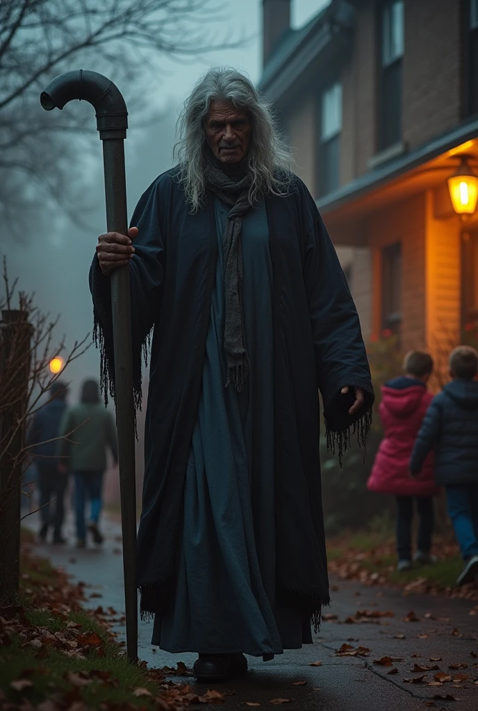 A big black man dressed as a Grandmother holding a metal pipe walking towards a group of kids in a halloween night