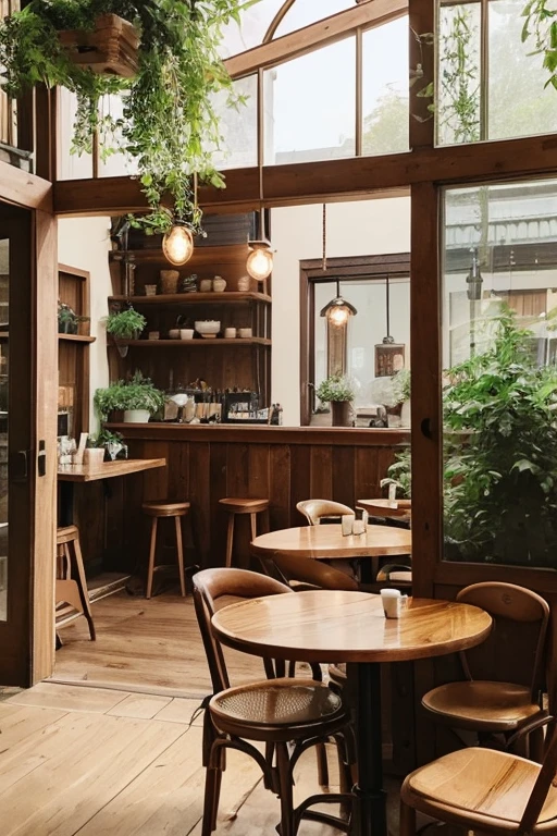 Western style、Retro Pure Cafe、 Retreat、Like a secret base、quietly、Sunny Day、Foliage plant、Antique interior with rounded wood、calm down、A warm space、A relaxing space、Natural environment、Dried flowers hanging、The building is just a coffee shop、Antique lighting、