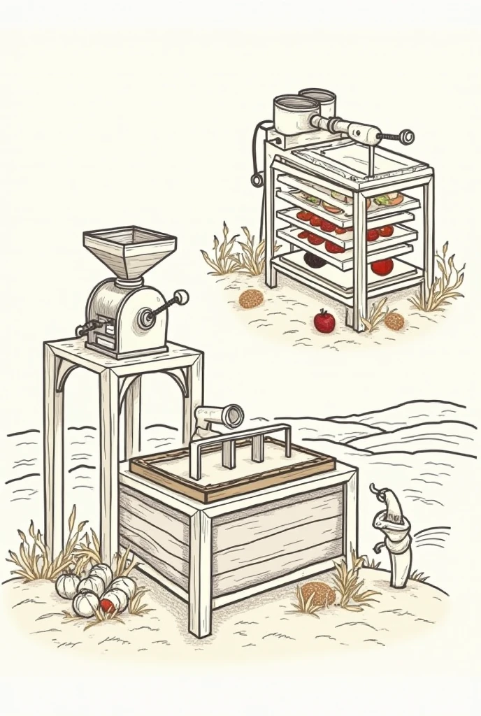 Make a sketch showing how cereals are cleaned and ground with a grain mill., while fruits are dehydrated in a solar dehydrator