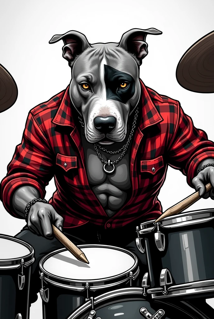 Create an American comic book style cover of a Pitbull Terrier dog breed, drummer of a rock band, black and white color, with black patch on left eye, Non-pointed conical stud necklace, leather handles using the same studs, Red and black plaid lumberjack shirt with folded or short sleeves.