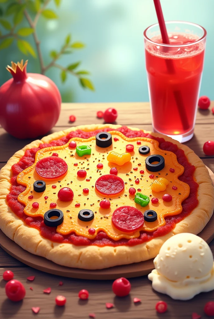 Illustration of a pita pizza for kids filled with cheese, tomato sauce and toppings, Accompanied with pomegranate drink and vanilla ice cream for dessert