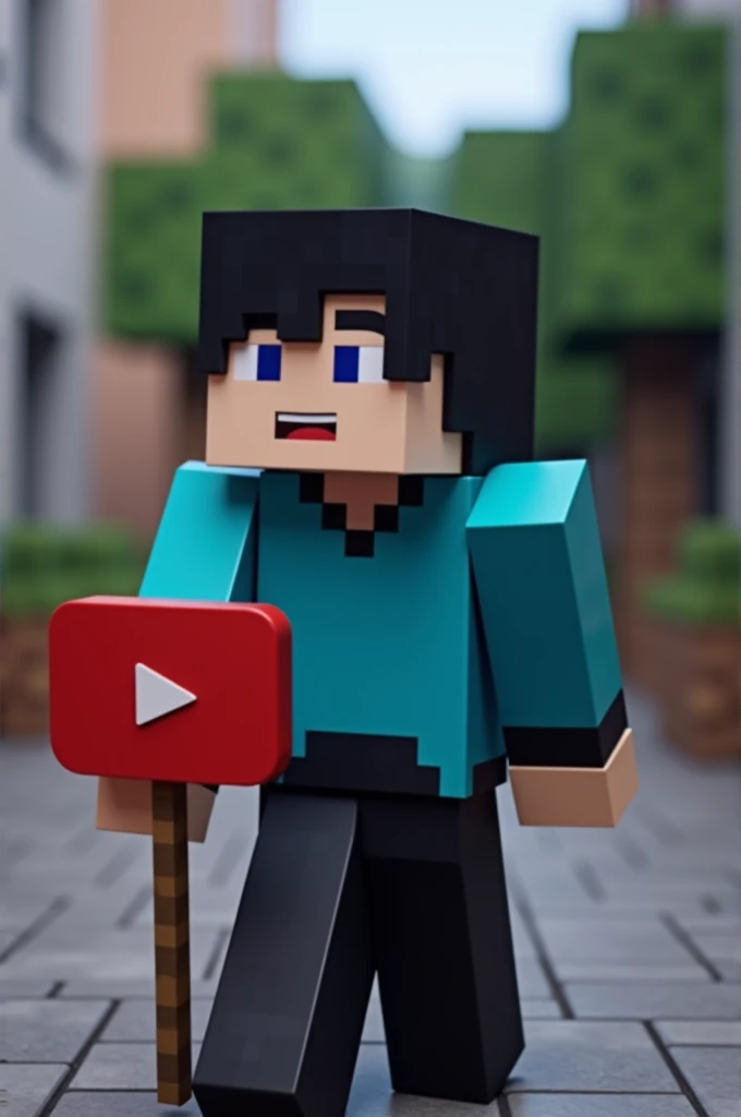 Minecraft with black hair with blue shirt with black stripes white skin color black pants with white holding a YouTube sign