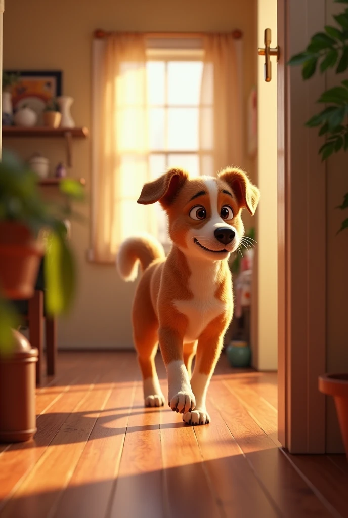 very detailed image in pixar style The dog, on the other hand, is already standing, Alert, running around the house and checking the doors and windows.