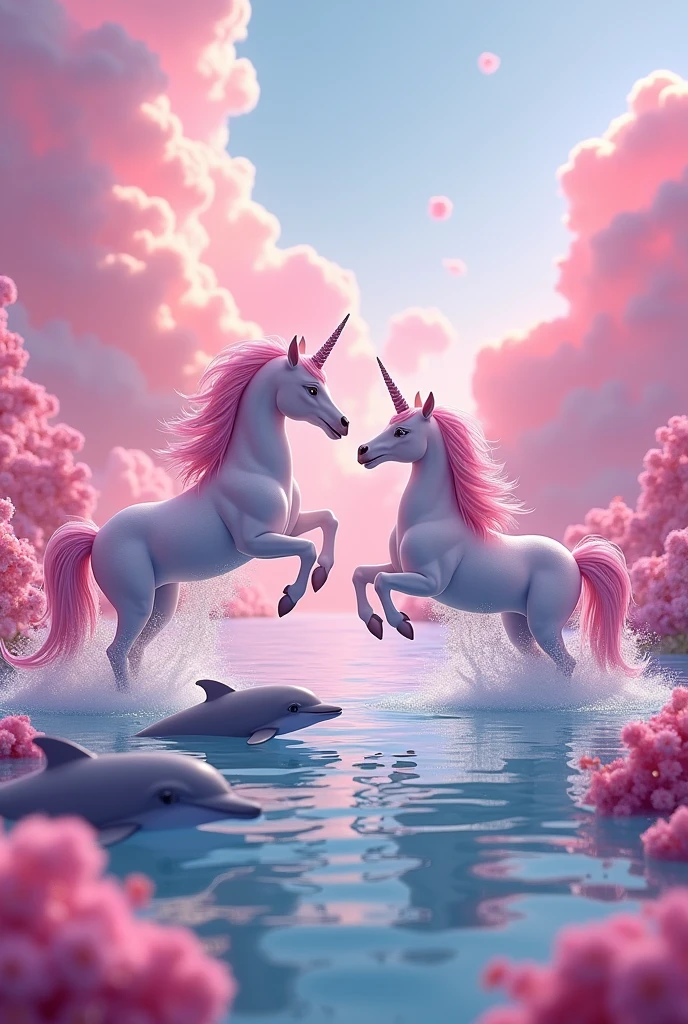 Unicorns with dolphins with colorful clouds more lively all with pink colors and more lively with more pink and more