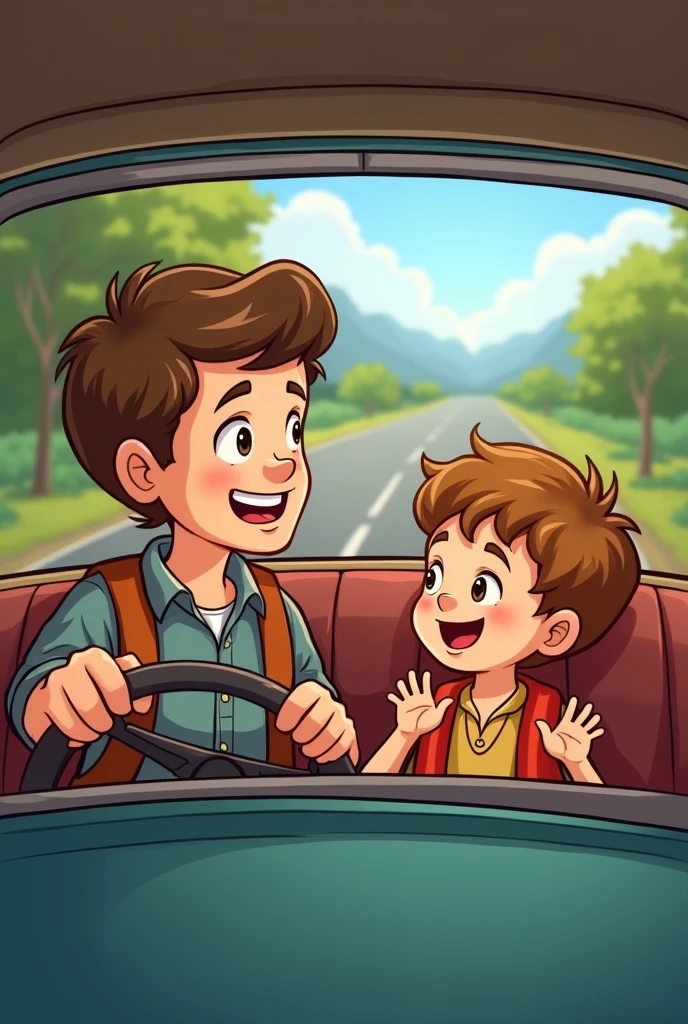 Dad and ??? in the car cartoon