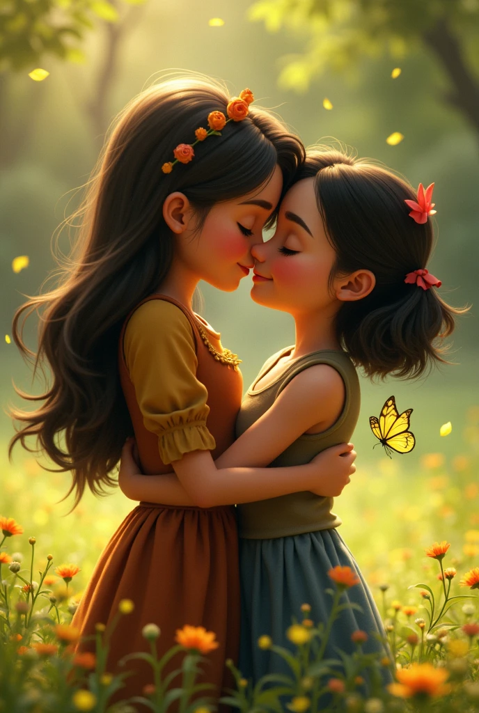 Create an image of Coraline&#39;s friend kissing a girl with Down syndrome 