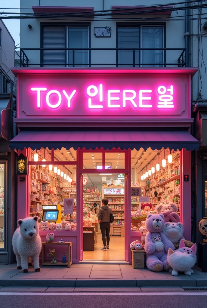 toy store in south korea,  realistic facade, blank sign with pink lights, stuffed animals dolls bears kites toy cats kitty kuromi, hyper realistic wide windows, long counter, pastel colored walls, horse of coins outside, arcade video game, a skull sign in the window, slats hanging from the ceiling, black awnings korean aesthetic, wide background with people inside 